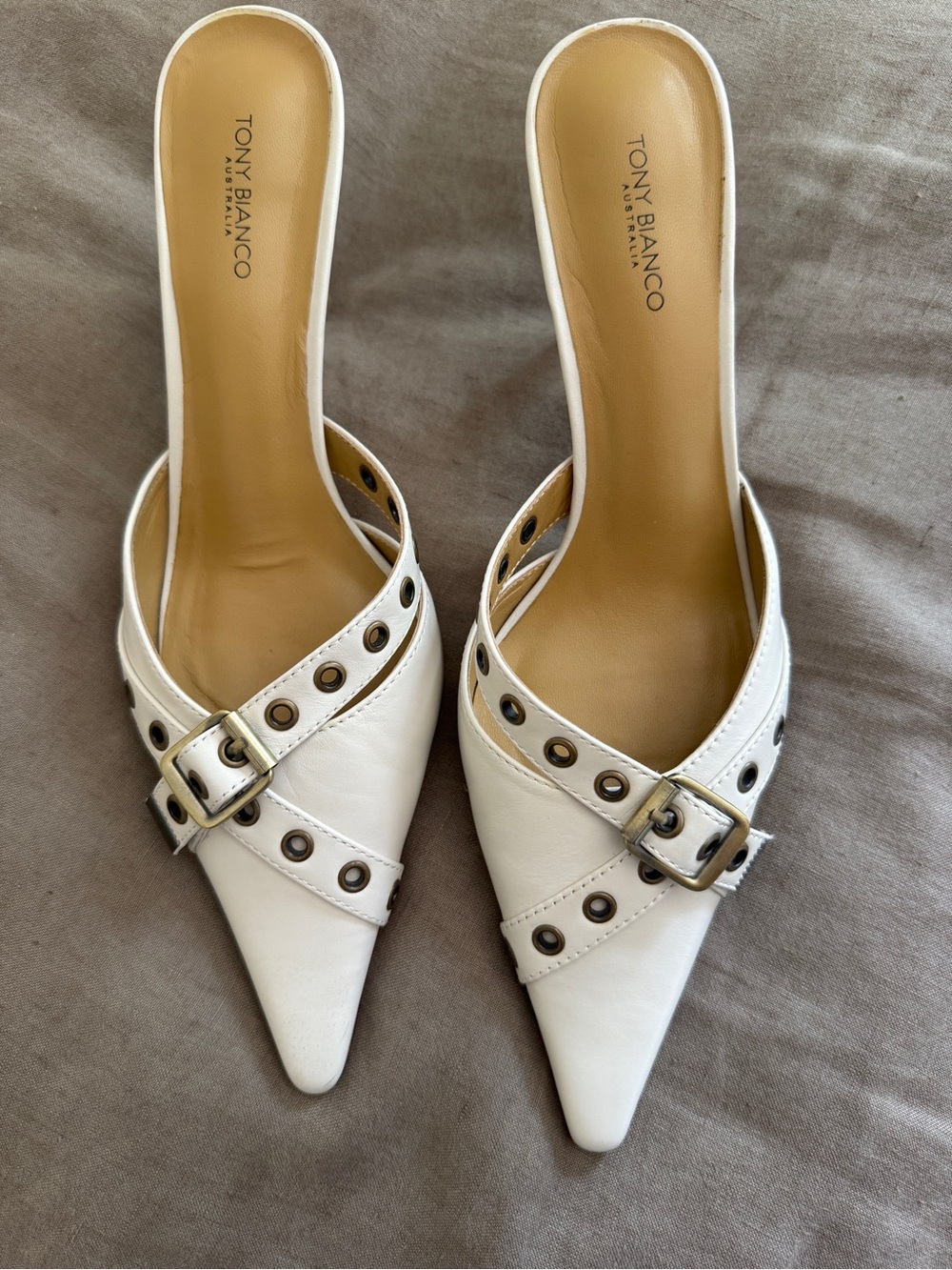 Tony Bianco White Pointed Buckle Mules with Eyelet Detail